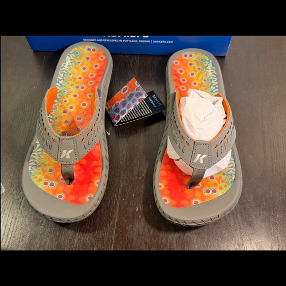 Korkers Fish Flip Brook Trout Sandals Flip Flops Orange/Blue/Green Mens 13 main image 13